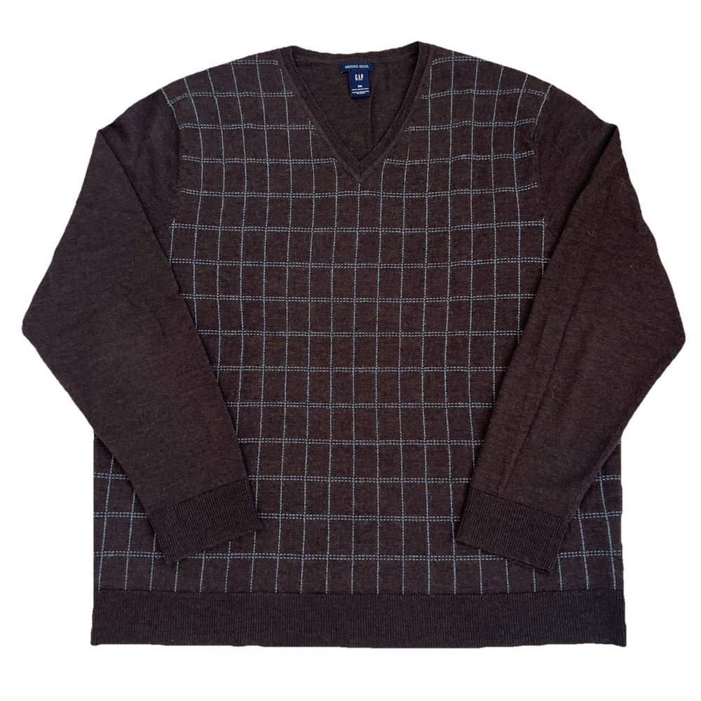VINTAGE GAP KNIT JUMPER V Neck Brown Blue Checks 100% Merino Wool SIZE XXL